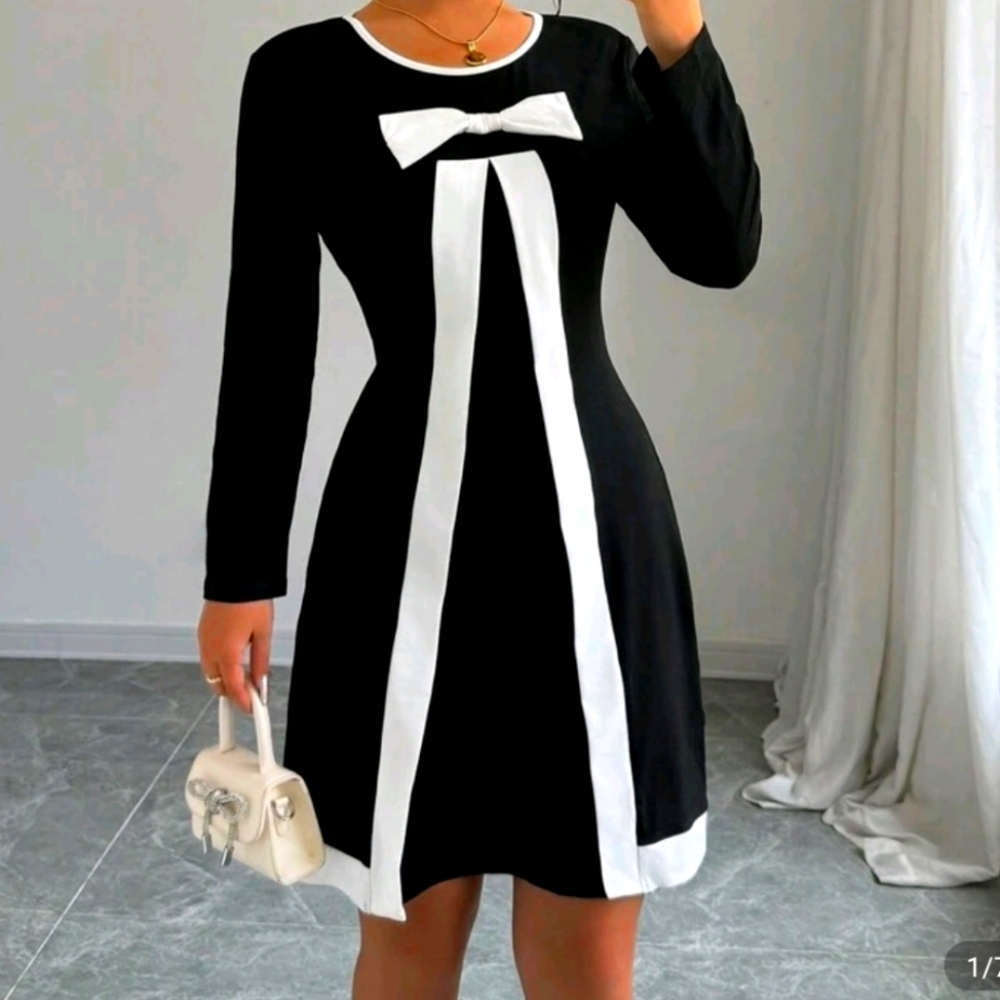 Elegant Black and White Bow Dress